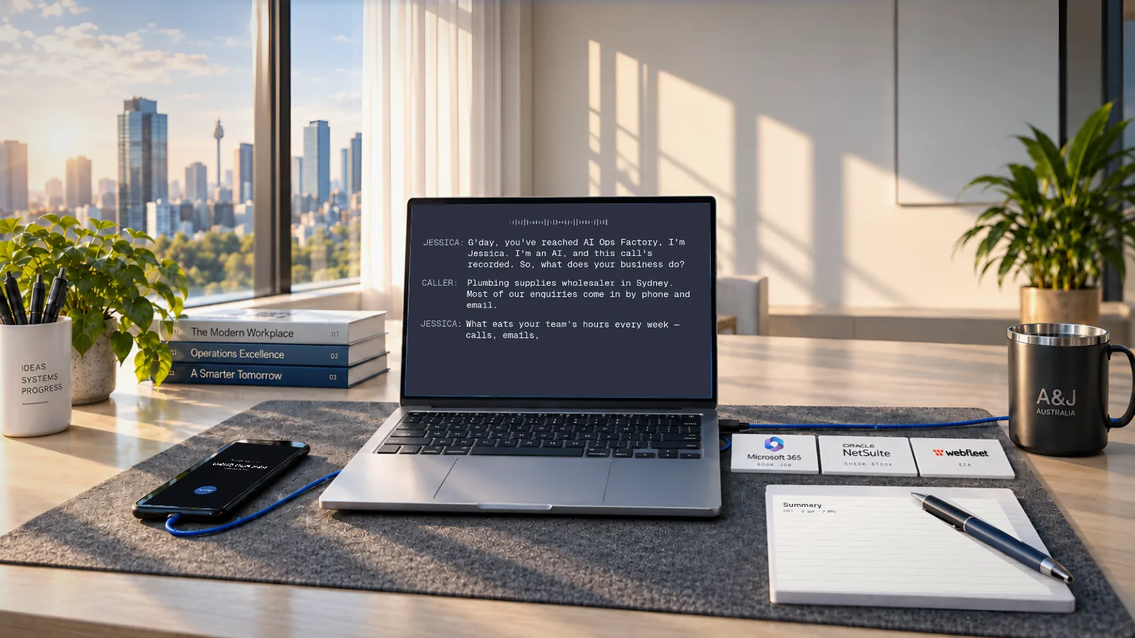 One desk: a phone ringing, Jessica answering on the laptop, your systems on the cards, the summary on the notepad.